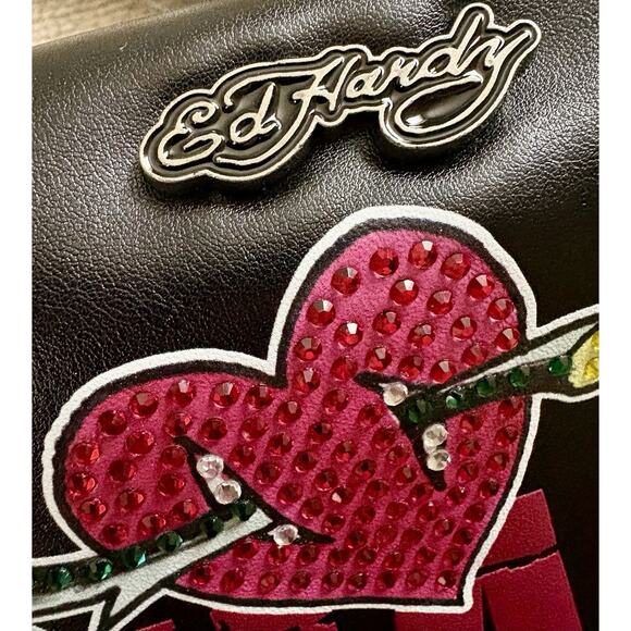 ED HARDY Love Kills Slowly BLK Rhinestone XBODY CLUTCH Rose Y2K Tattoo Skull - Picture 15 of 16